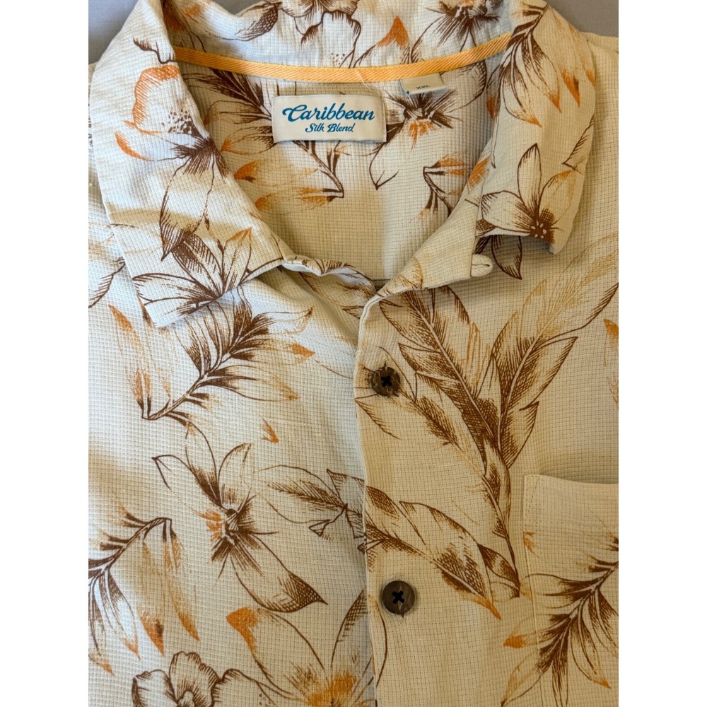 Caribbean Silk Blend Mens XXL Short‎ Sleeve Tropical Floral Camp Shirt Cream